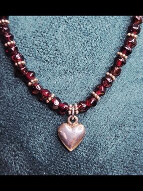 Sterling Heart Pendant Garnet Beaded Necklace - Red